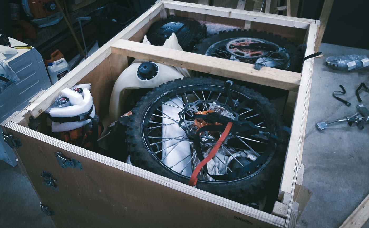 Motorcycle packed for crate shipping